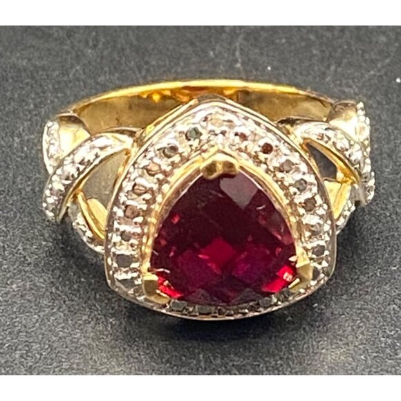 Vermeil Sterling Silver Trillion Cut Red Faux Ruby Ring 5.5g Sz 7 Red Rose Box - Picture 2 of 11